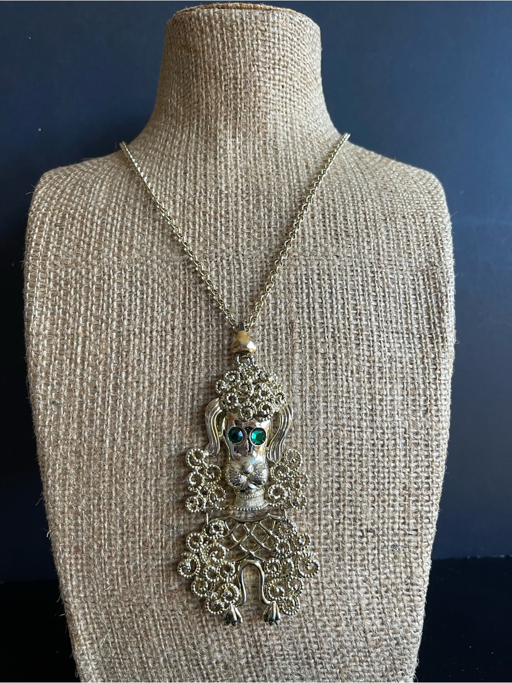Vintage Gold-tone Poodle Pendant Necklace with Emerald green rhinestone Accent